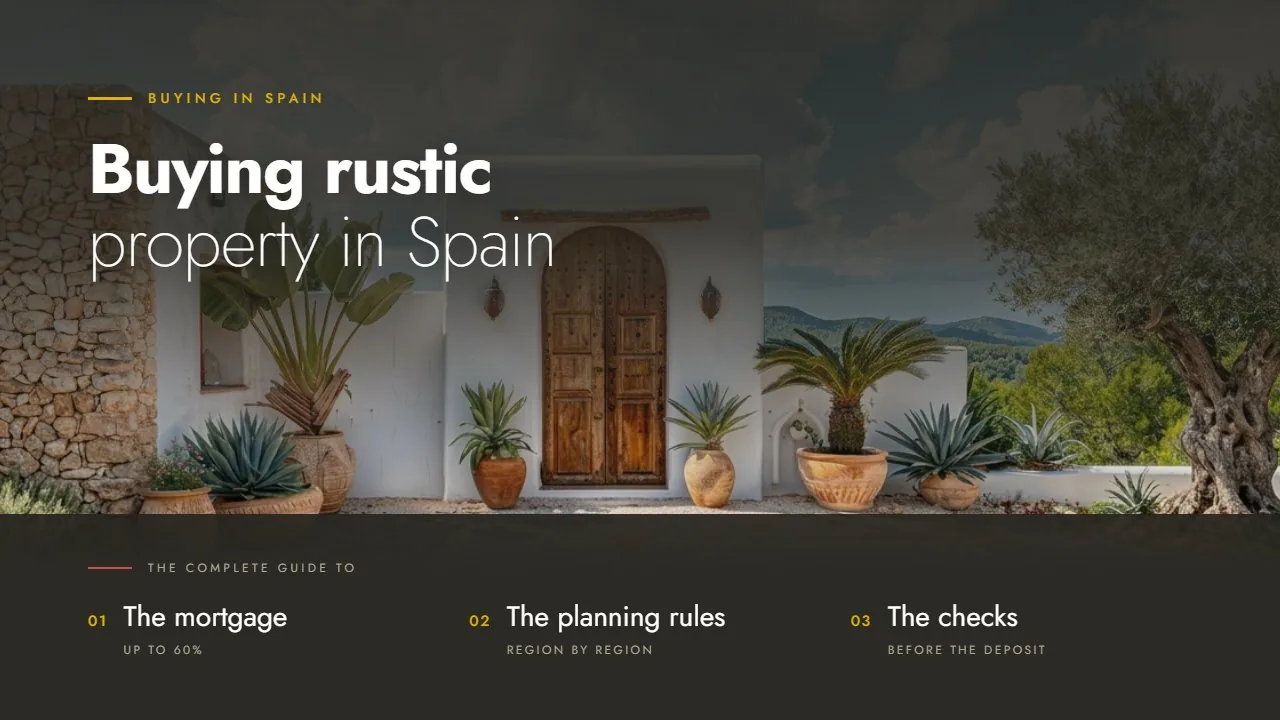 A whitewashed rustic house with olive trees and hills behind, with the title Buying rustic property in Spain