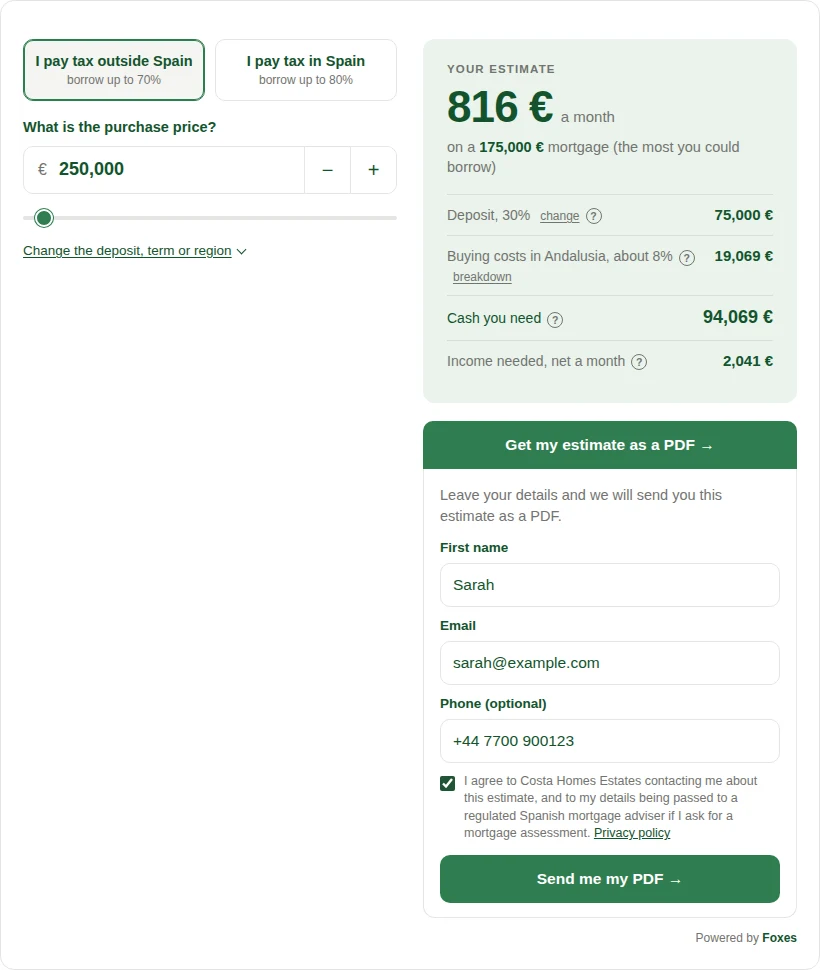 The calculator with the enquiry form open under the results