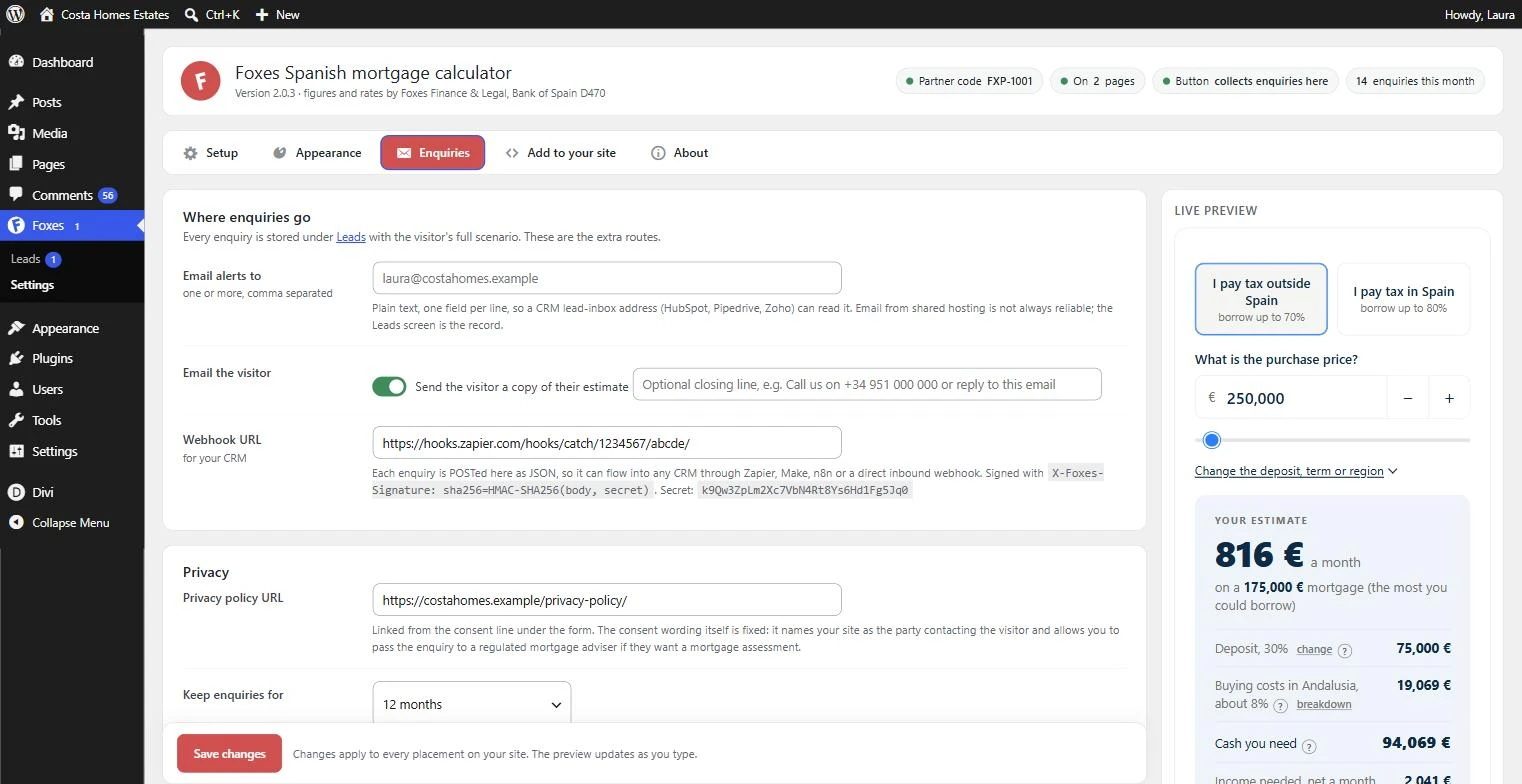 The Enquiries settings: alert emails, a copy to the visitor, a CRM webhook, privacy policy link and retention