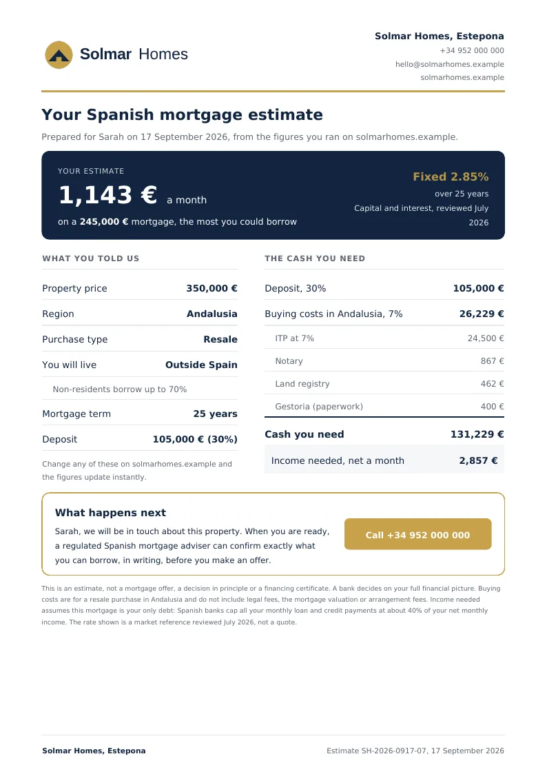 Page one of the PDF: the buyer's estimate with the agent's logo, colours and contact details