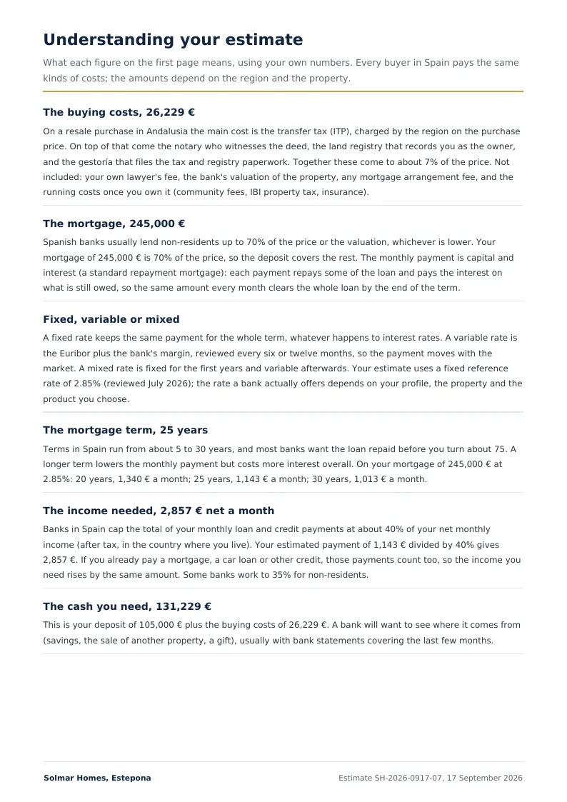 Page two: what each figure means, using the buyer's own numbers