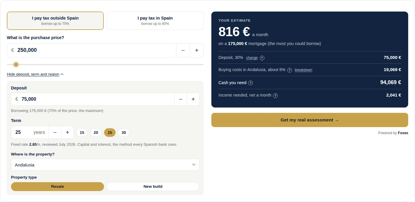 The calculator, navy and gold, controls open
