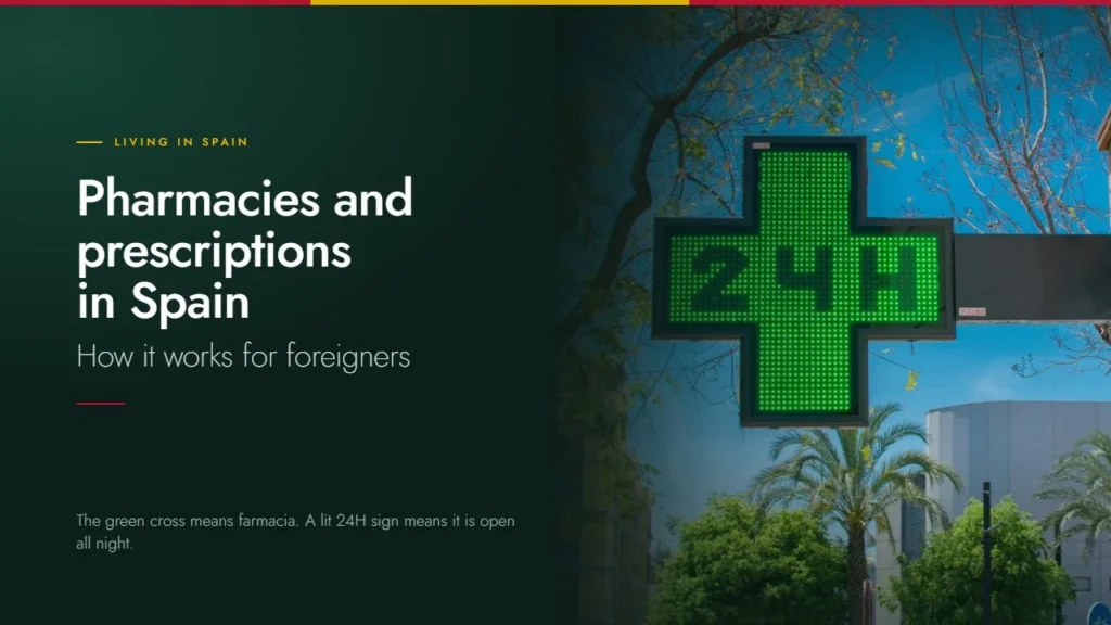 Pharmacies and prescriptions in Spain, how it works for foreigners, beside a lit green 24H pharmacy cross