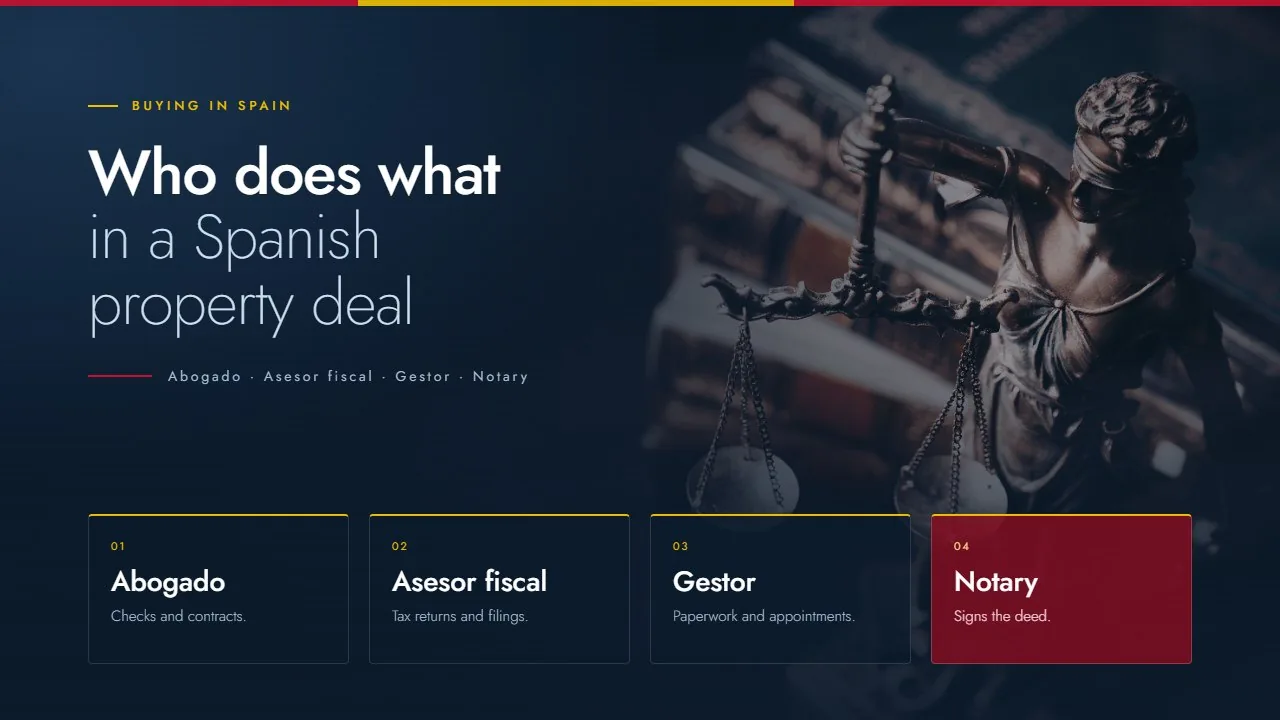 Who does what in a Spanish property deal: abogado, asesor fiscal, gestor and notary