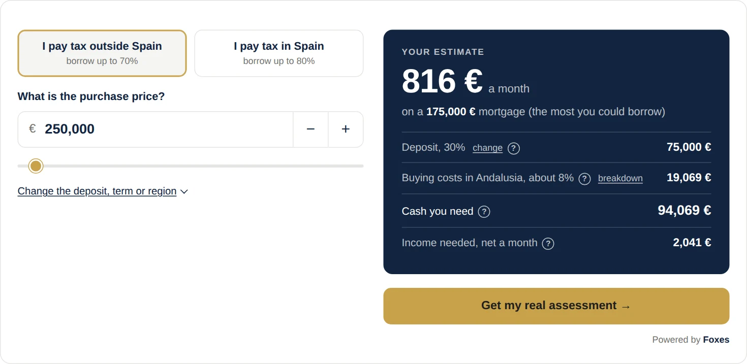 The Foxes calculator on an estate agency website, in the agency's own navy and gold