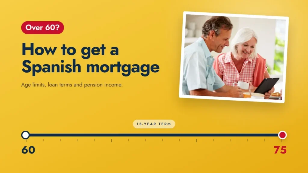 Title card reading Over 60? How to get a Spanish mortgage, with an older couple at a table and a timeline from age 60 to 75